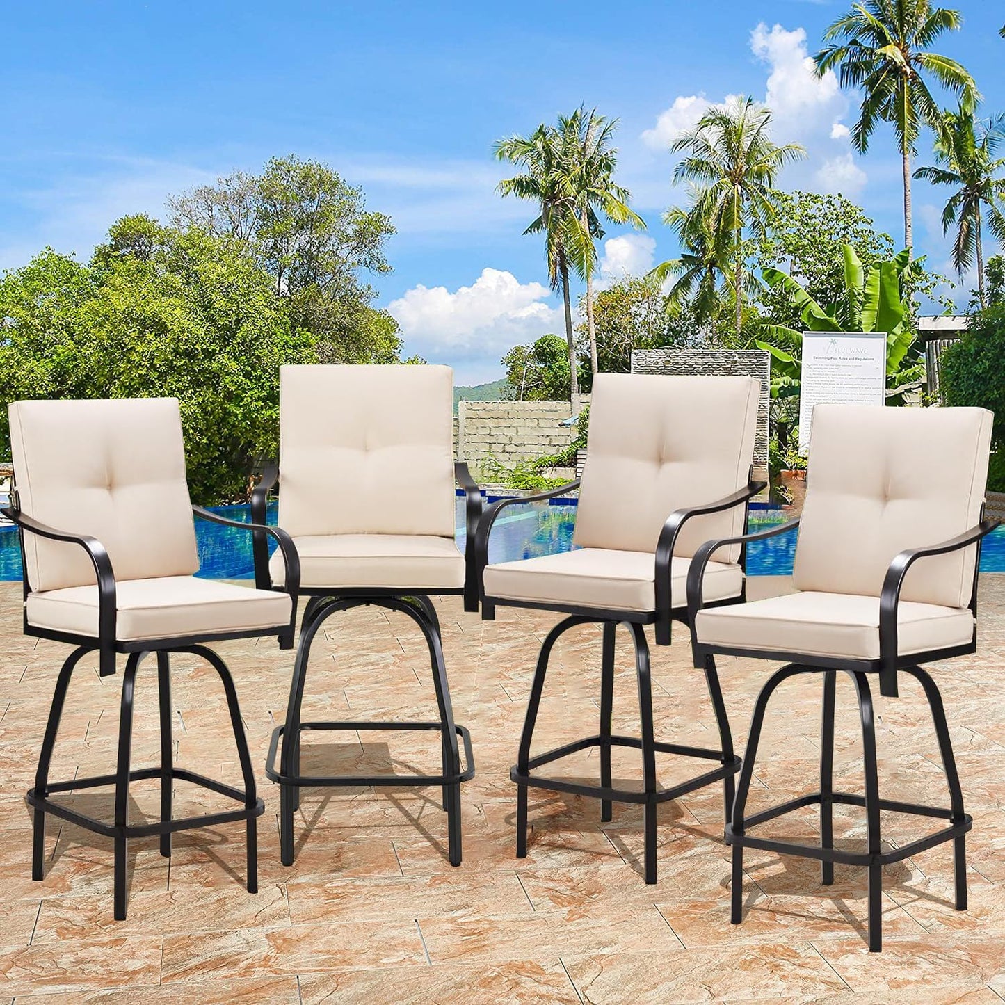 Patio Swivel Bar Stools, Outdoor High Back Swivel Bar Chair Set of 4 with Cushion & All Weather Steel Frame for Backyard, Lawn, Poolside and Balcony, Beige