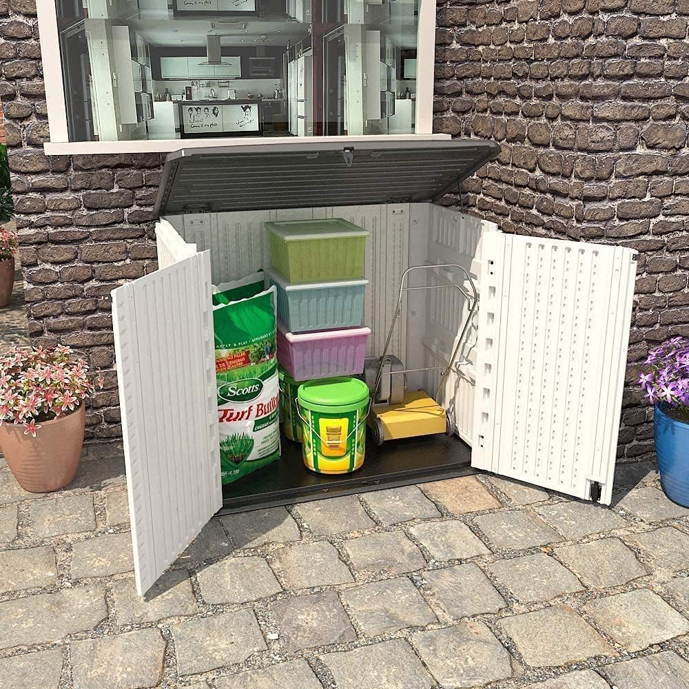 KINYING Outdoor Storage Shed - Horizontal Storage Box Waterproof for Garden, Patios, Backyards, Multi-Opening Door for Easy Storage of Bike, Garbage Cans, Tools, Lawn Mower, Off-White, 26 Cubic Feet