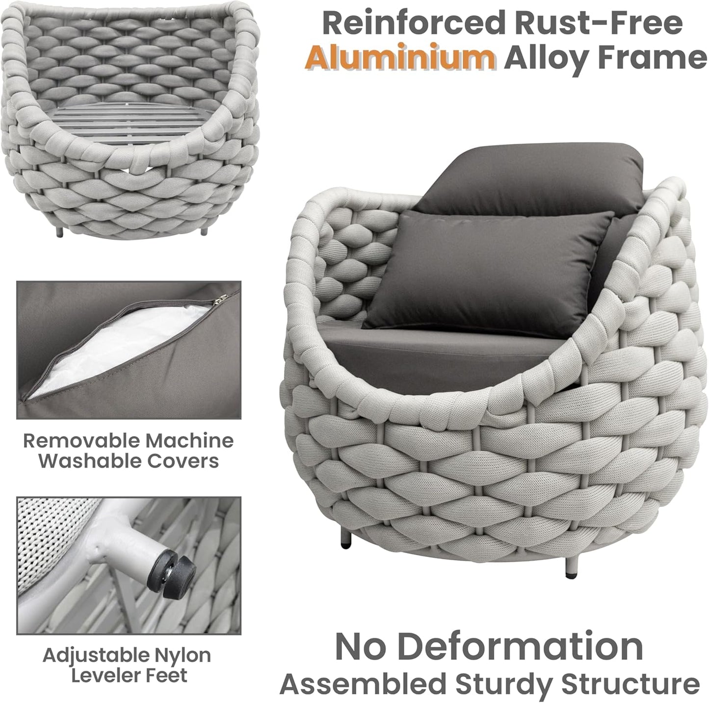 6 Pieces Rope Patio Furniture Set: Aluminum Outdoor Couch Set Cushioned - Assembled Conversation Sofa Set Modern - Metal Porch Seating for 7 Person - All Weather for Deck Garden Poolside Hotel