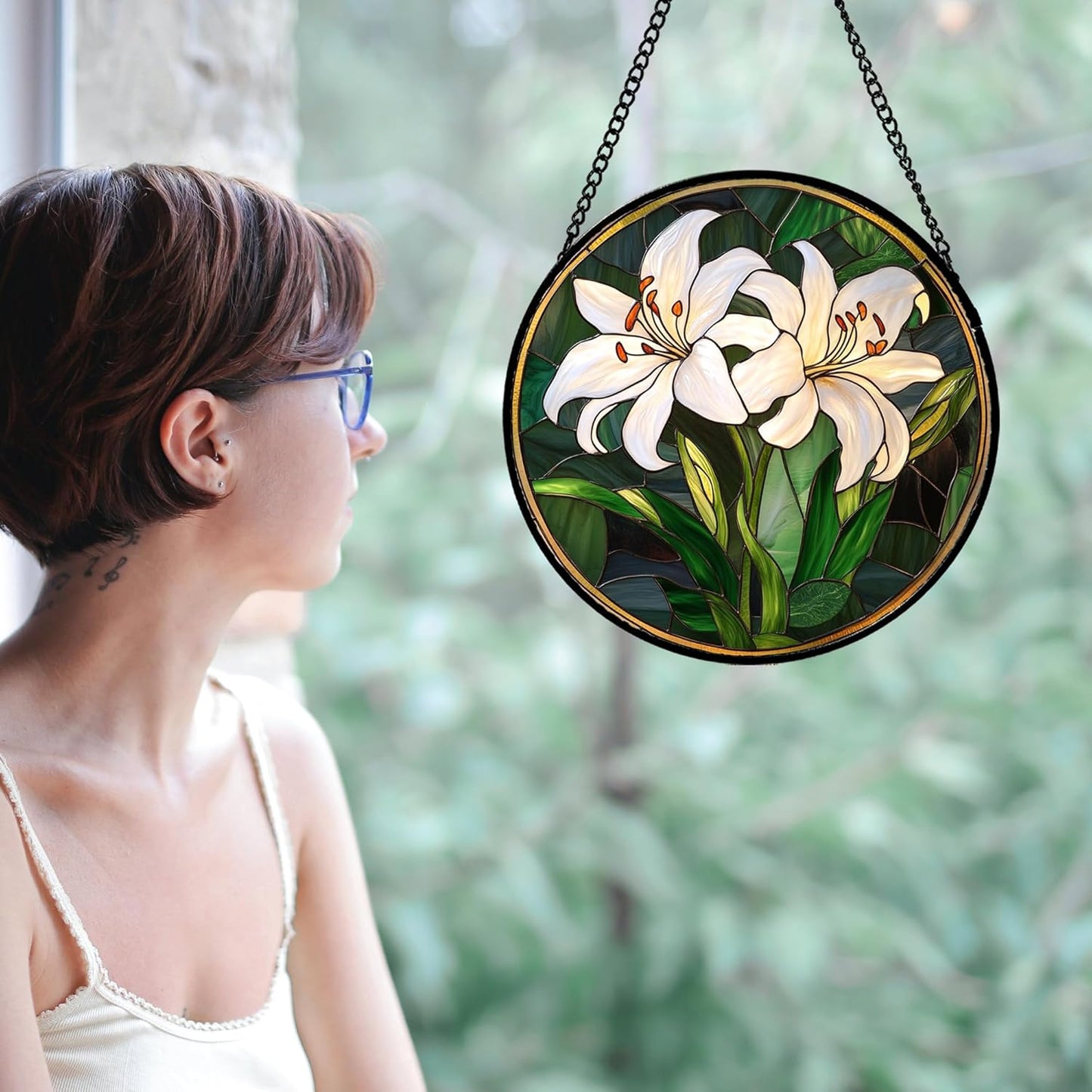 Stained Glass Window Hanging, White Lily Suncatcher for Door Garden Patio Birth Flower Green Plant Sun Catchers Decor Christmas Mother's Day Birthday Gifts for Women Mom Nana Friend 15 in