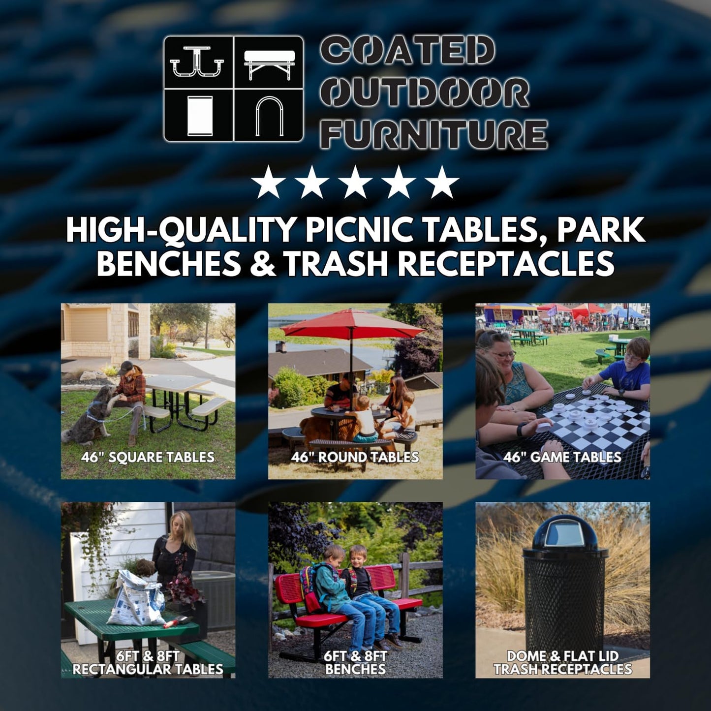 Heavy-Duty Portable Outdoor Bench Thermoplastic Coated, Expanded Metal, Commercial-Grade Seating, Made in America (Portable with Back, 8 Ft, Textured Burgundy)