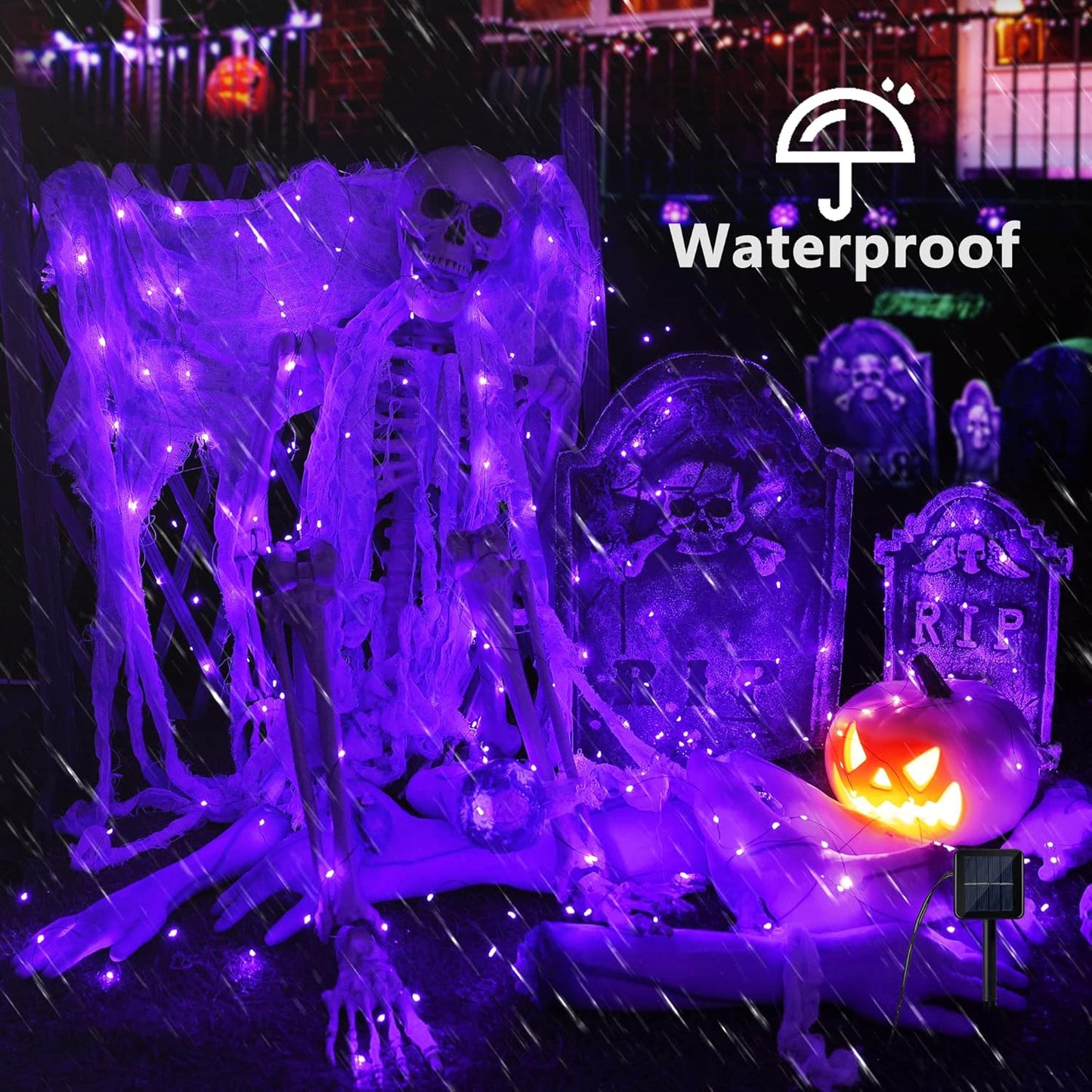Brizled Halloween Fairy Lights, 2 Pack Total 78FT 240 LED Purple Fairy Lights, 8 Modes Solar Powered Purple Light, Twinkle Outdoor Halloween Light String for Outside Party Home Decor Black Wire