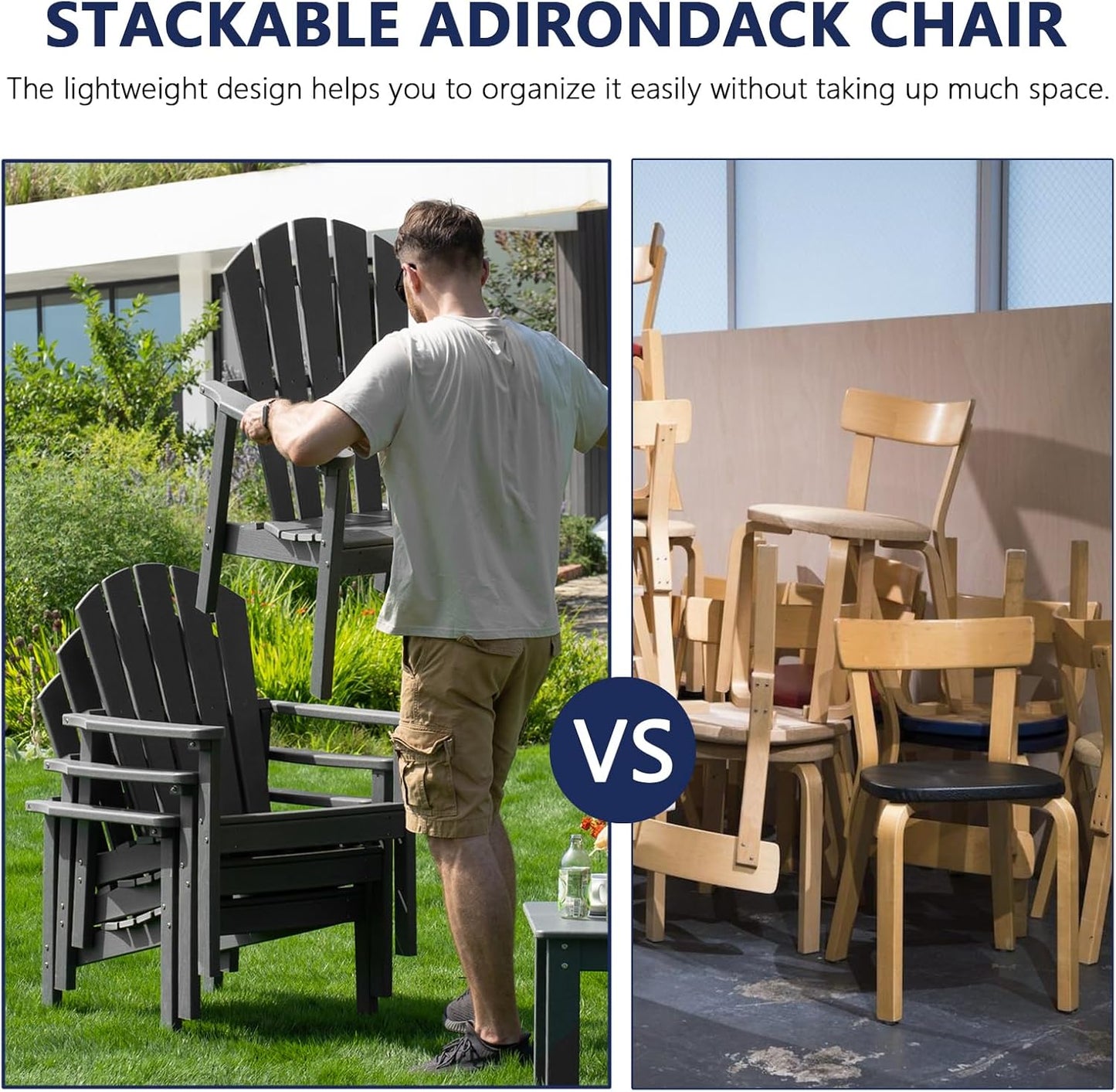 Stackable Adirondack Chair Set of 2, HDPE Outdoor Patio Chair - Durable and Space Saving, Suitable for Porches, Lawns or Garden, Grey