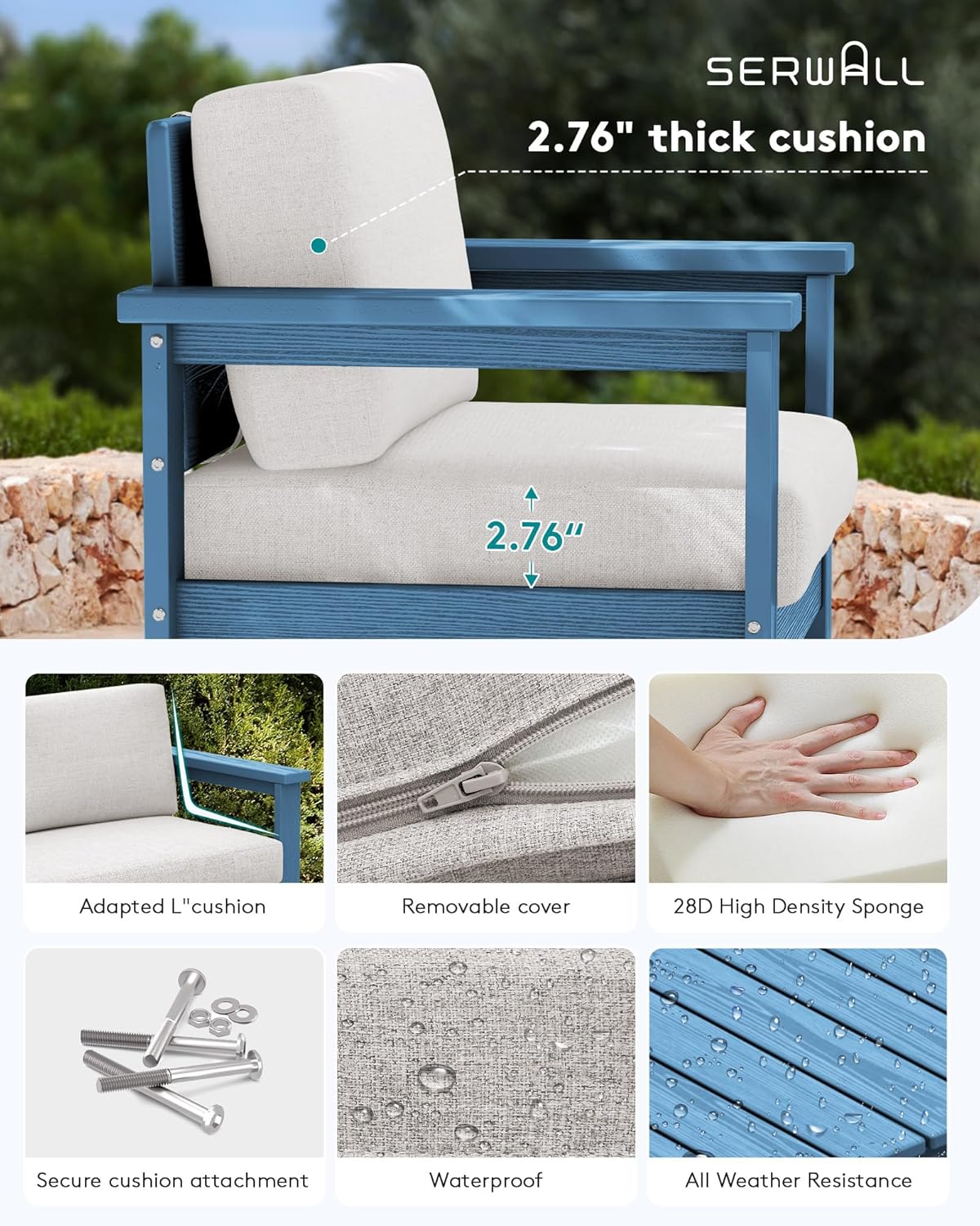 SERWALL 8 Pieces HDPE Outdoor Conversation Sofa Set with Cushions, All Weather Use Couch Loveseat Furniture with Side Table for Balcony, Deck, Poolside, BlueFrame with Khaki Cushions