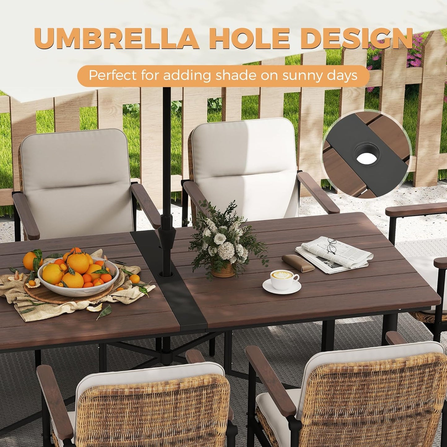 HAPPATIO Outdoor Acacia Wood Dining Table, 8-Person Patio Dining Table with Powder-Coated Aluminum Frame, Rectangle Outdoor Dining Table with Umbrella Hole for Deck Yard Garden