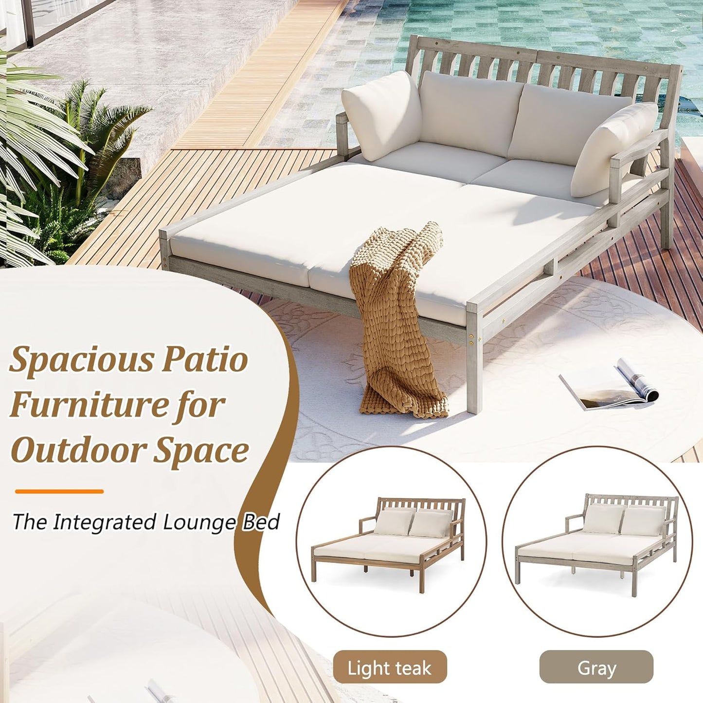Merax Outdoor Daybed, 3 Seater Acacia Wood Daybed, Patio Day Bed with Four Pillows, Wooden Outdoor Bed with Curved Armrests for Poolside, Backyard, Garden, Gray