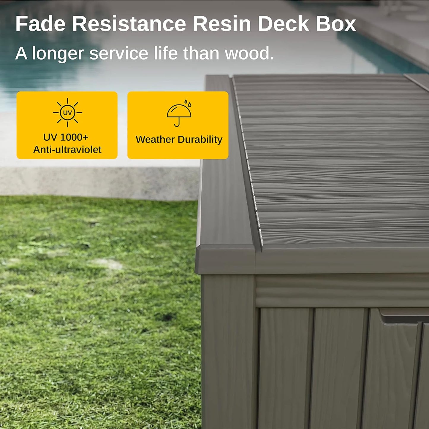 EAST OAK Outdoor Storage Box, 150 Gallon Deck Box, Large Resin Storage Bin for Patio Cushions, Gardening Tools, Lockable, Waterproof and UV Resistant, Grey