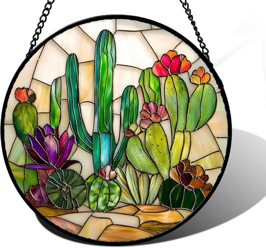 Stained Glass Window Hanging, White Green Cactus Suncatcher Diamond Glass Panel Hangings Sun Catchers Decor for Birthday for Women, Men, Wife, Aunt, and Mom 6.3 in