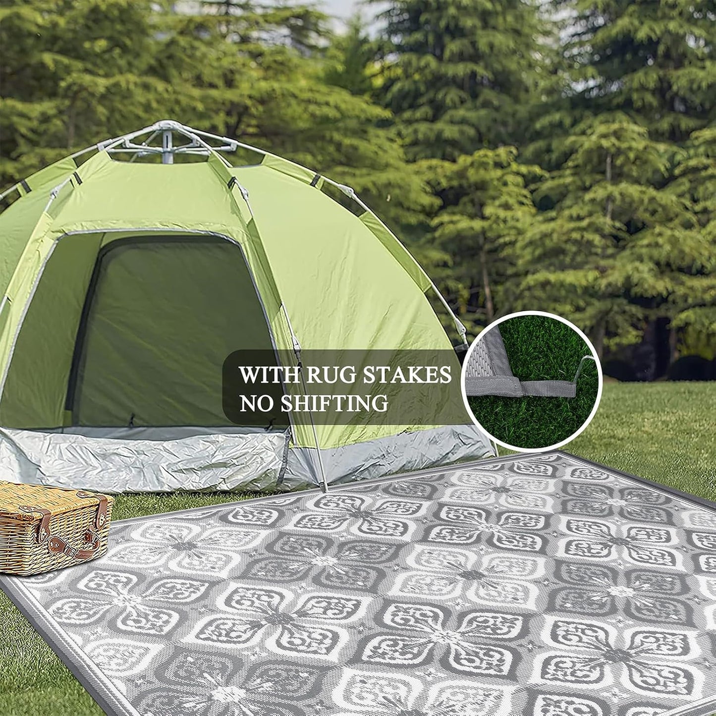 Pauwer Waterproof Outdoor Rug 9x12, Reversible Plastic Straw Patio Camping Rug, Indoor Outdoor RV Mat Carpet for Deck, Camper, Porch, Balcony, Backyard, Picnic, Clover Grey