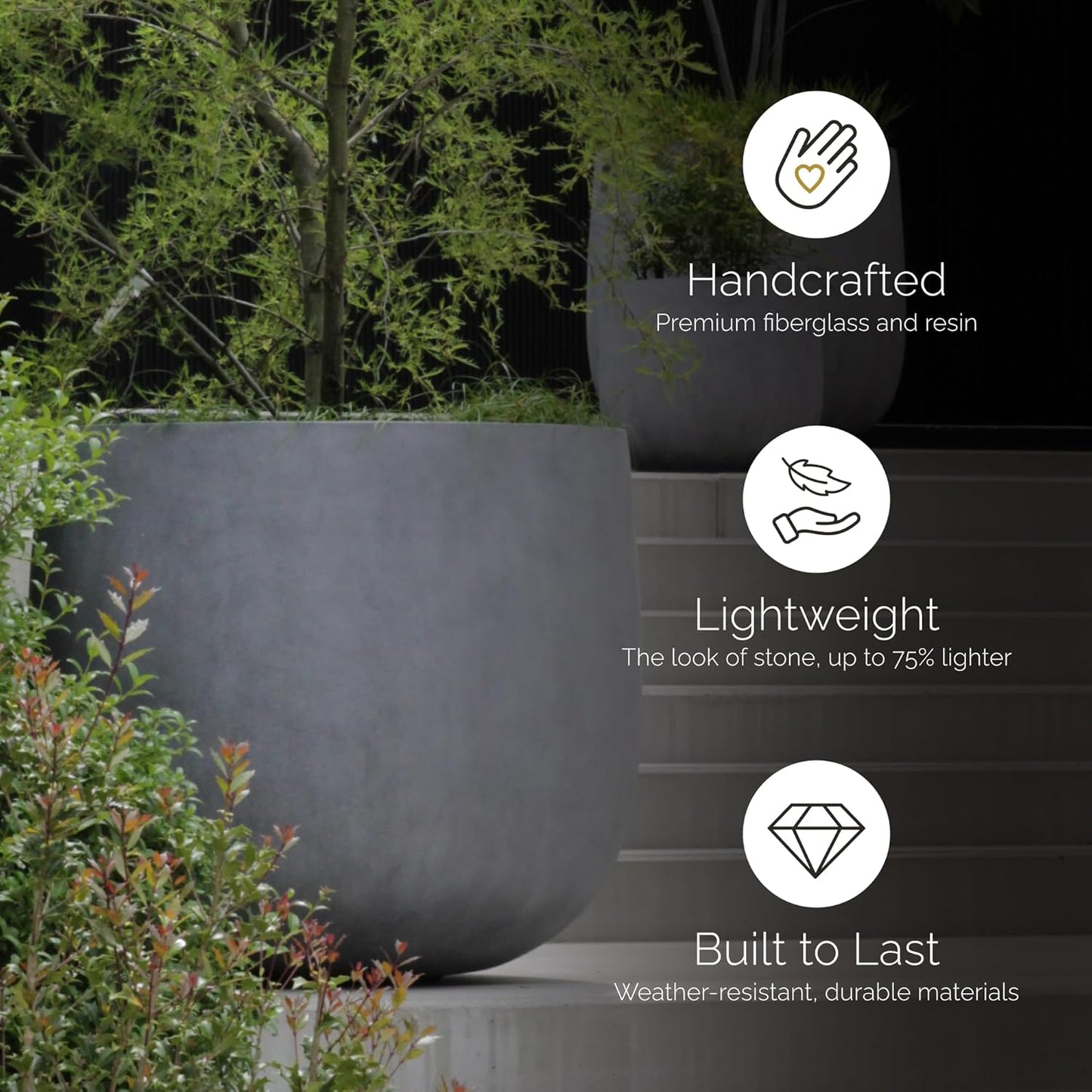 Mondo Large Planter – Grey Stone Finish – Fiberglass Indoor/Outdoor and Weather-Resistant Round Planter (39.4" D x 40" H Exterior, 37.8" D x 39.4" H Interior)