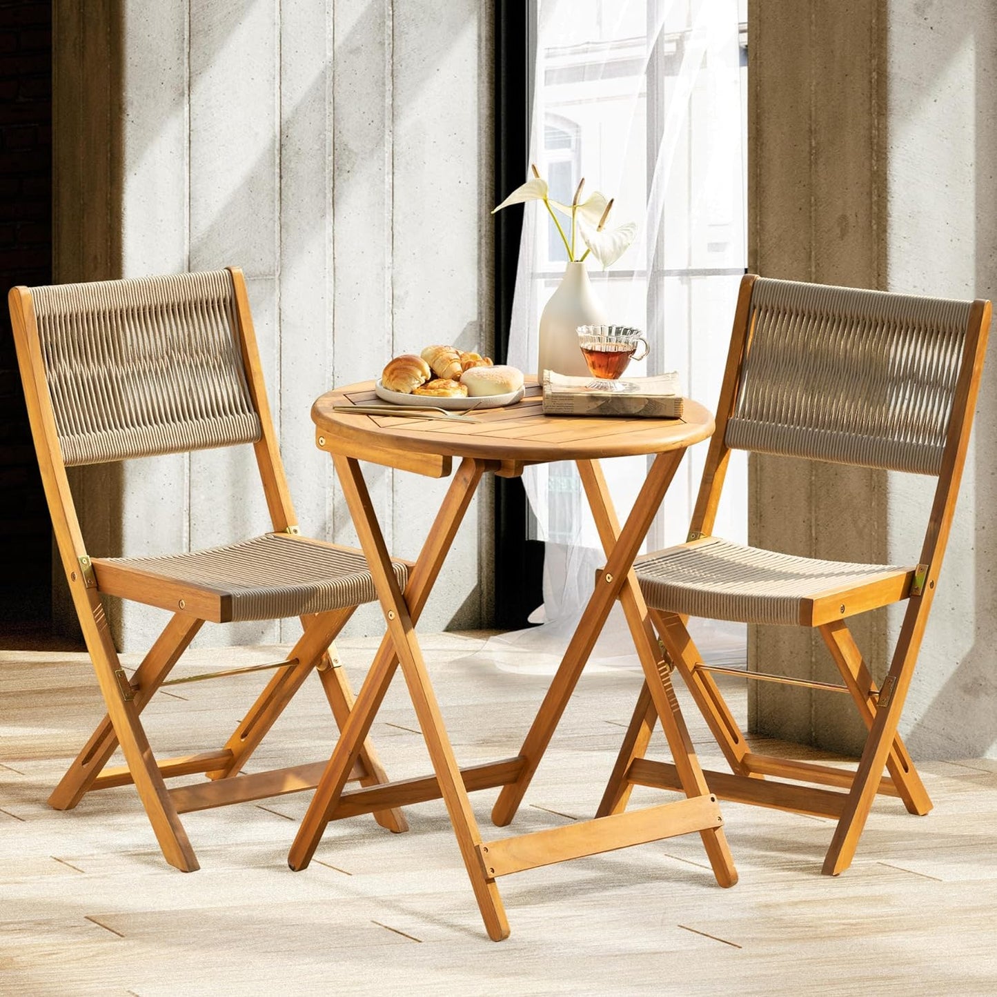IDZO Wood Rope Design Heavy Duty 400lbs Capacity Patio Bistro Set 3 Piece Outdoor, Folding Chairs with Elegant