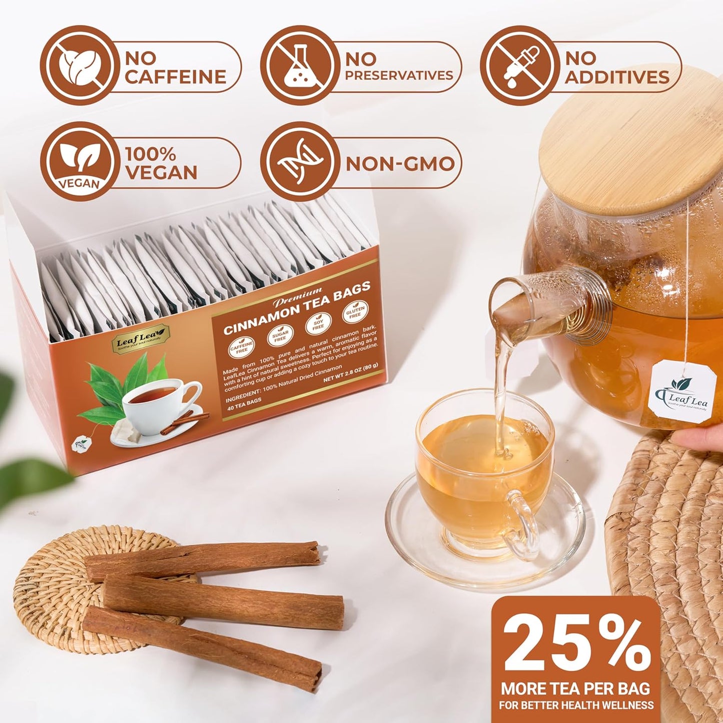 LeafLea Cinnamon Tea Bags, 80 Count (2-Pack), 100% Natural Ground Cinnamon Stick Herbal Tea, Spiced and Warming Flavor for Relaxation, Caffeine-Free, Sugar-Free, Vegan