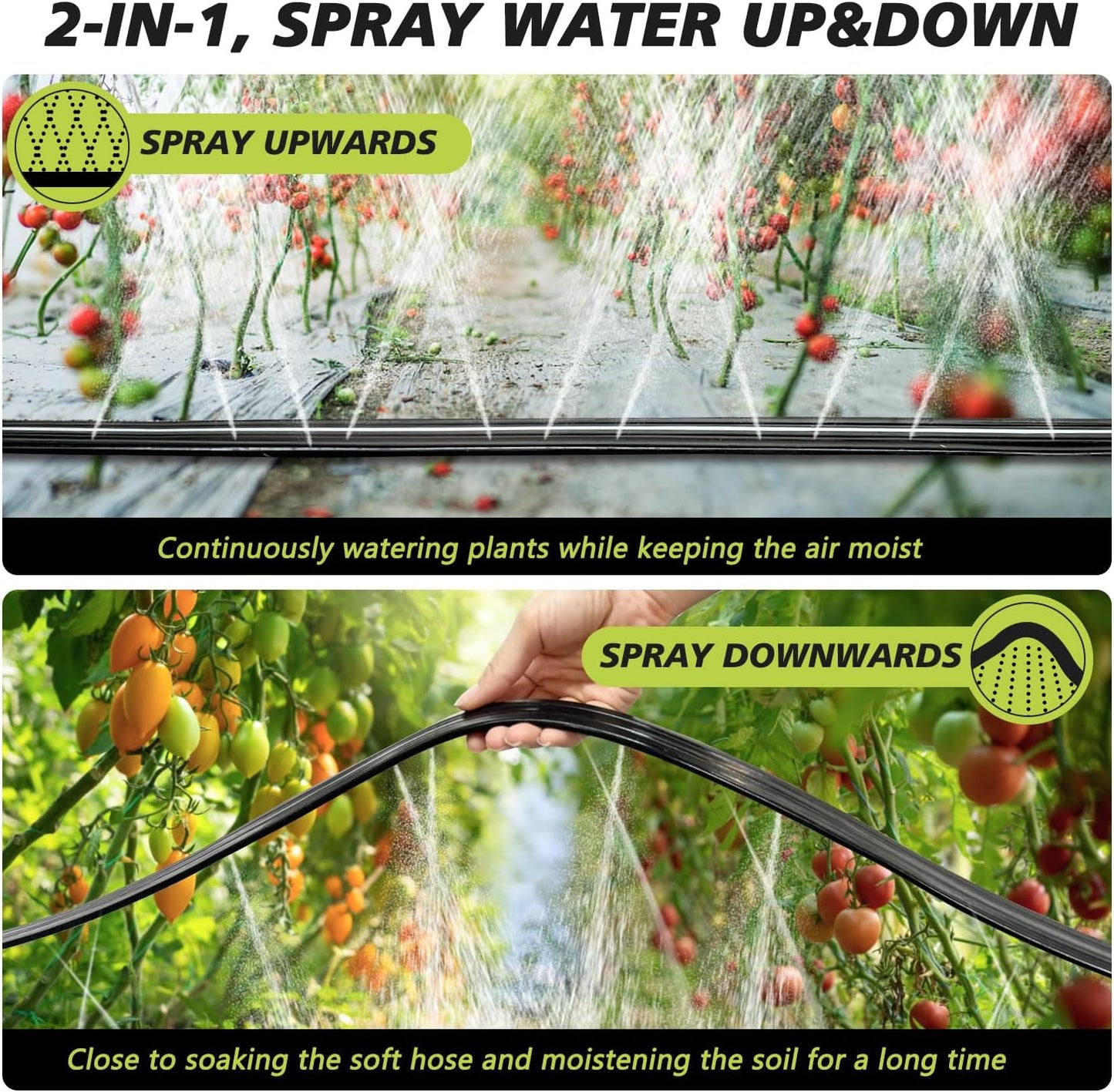 Sprinkler Flat Soaker Hose 50 ft (25 ft 2-pack) with Garden Staples and Splitters, PVC Drip Line Irrigation Hose for Lawn, Garden Beds