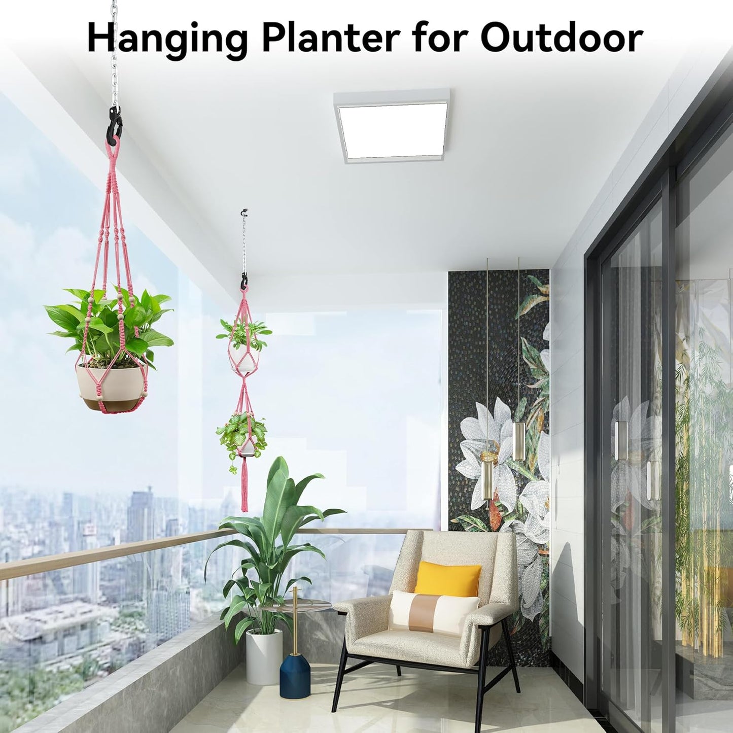 USLAI Macrame Plant Hanger Indoor Outdoor, Up to 4-15 inch Pot, Heavy 20lb Planters, Extra Long Strong Hanging Planter Basket Holder, Boho Home Decor, 35+49 Inch, Pink (POTS NOT Included)