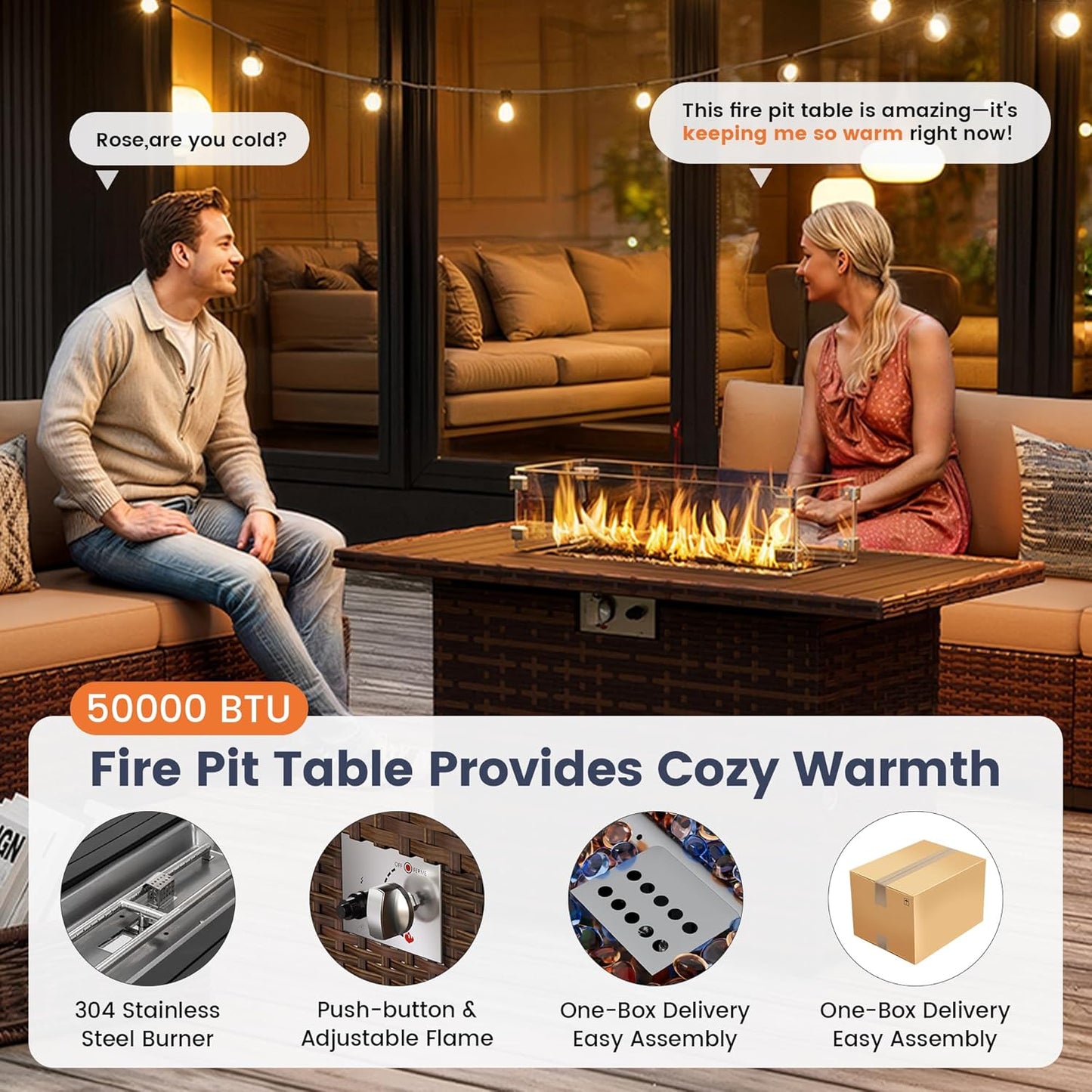 UDPATIO Patio Furniture Set with Fire Pit Table, 8 Inch Armrest Outdoor Sectional Sofa, Wicker Outdoor Furniture Conversation Sets with Waterproof Cover for Backyard Deck(Brown/Khaki)