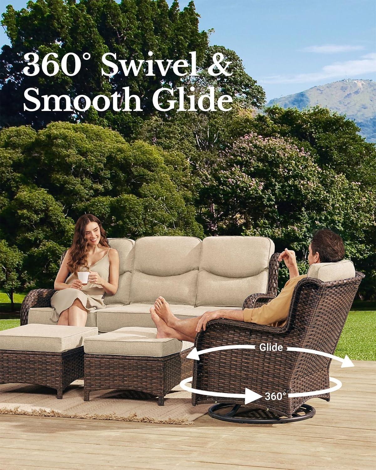 HILLGA Luxury Patio Furniture Set with 6-inch Thick Cushion, Outdoor Couch and High Back Swivel Rocker Patio Chairs, 7PCS Wicker Conversation Set for Deck Yard and Poolside, Beige (V2)