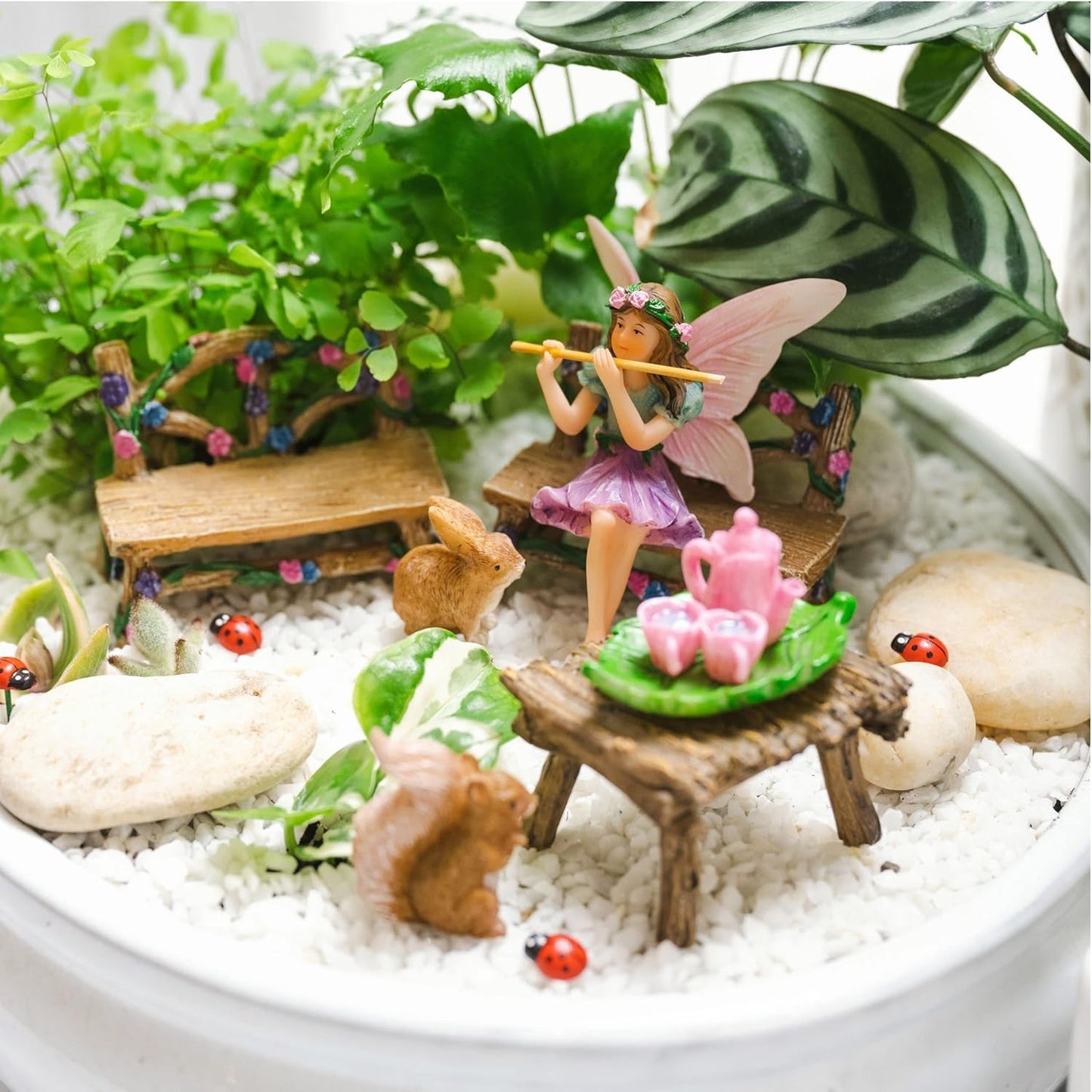PRETMANNS Fairy Starter Kit with Accessories for Indoor Outdoor Miniature Garden – Adorable Figurine with Furniture, Squirrel, Bunny & Tea Set – 14 Piece Hand-Painted Resin Set