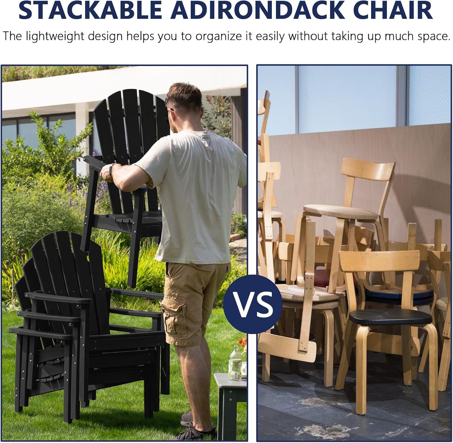 Stackable Adirondack Chair Set of 2, HDPE Outdoor Patio Chair - Durable and Space Saving, Suitable for Porches, Lawns or Garden, Black