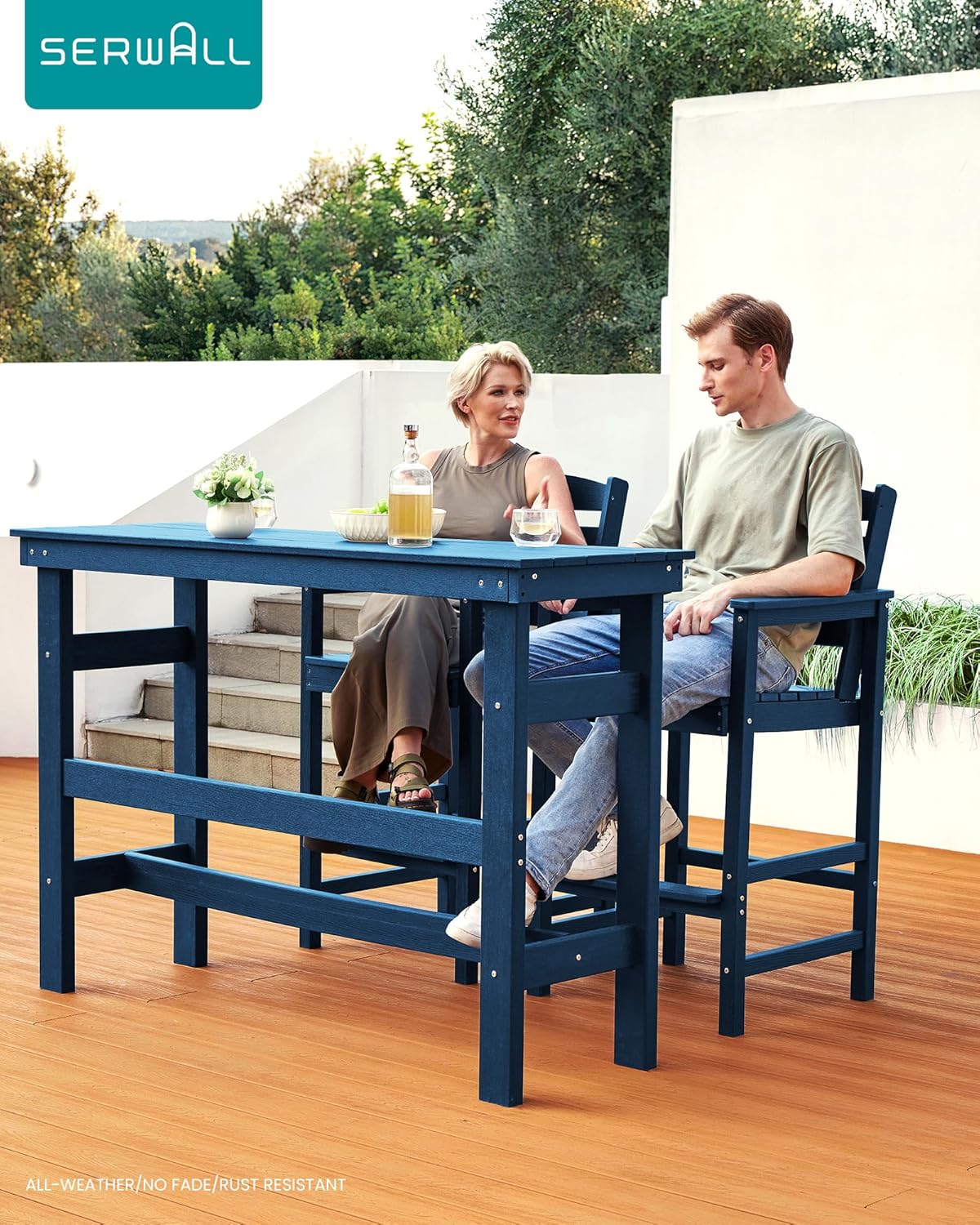 SERWALL Outdoor Bar Table and Chairs Set, Adirondack Bar Chairs Set of 2 and Bar Height Table, All Weather HDPE Outdoor Patio Bar Set, Outdoor Furniture for Outside, Poolside, Backyard, Garden, Blue