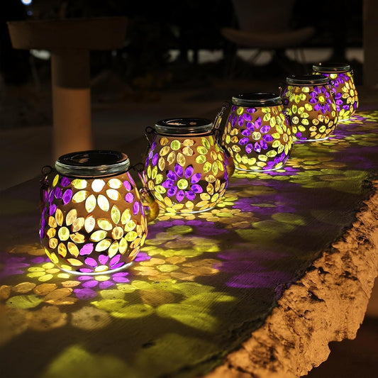 Cooo 4 Pack Mosaic Solar Lantern Outdoor Waterproof IP68 Hanging Projection Light Hidden Lid Pear-Shaped Lantern with Rope Handle Solar Powered Auto On for Patio Garden Fence Table -Petal Mirage