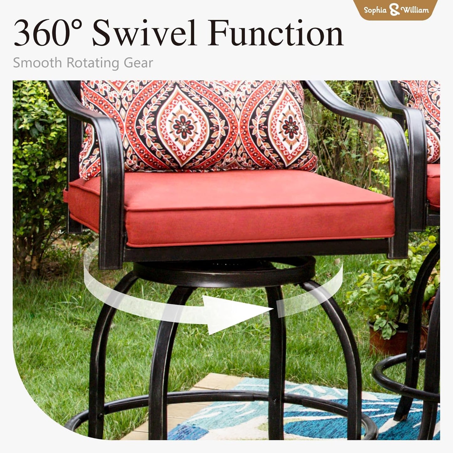 Sophia & William Outdoor Patio Bar Set 5 Piece High Dining Table and Chairs Furniture Set-4 Swivel Bar Stools with Red Cushion and 1 Square Bar Height Table with Hand-Painted Metal Top
