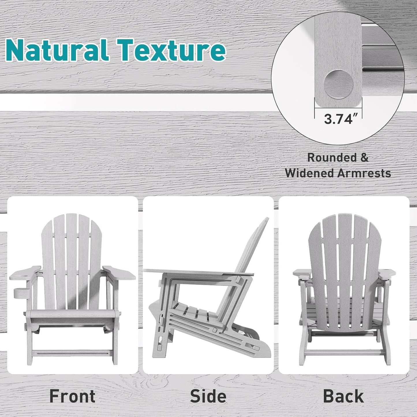 Adirondack Chairs Set of 2, Tool-Free Assembly All-Weather Plastic Adirondack Chairs, HDPE Fire Pit Chairs with Cup Holder, Outdoor Chair for Patio Garden (Grey)