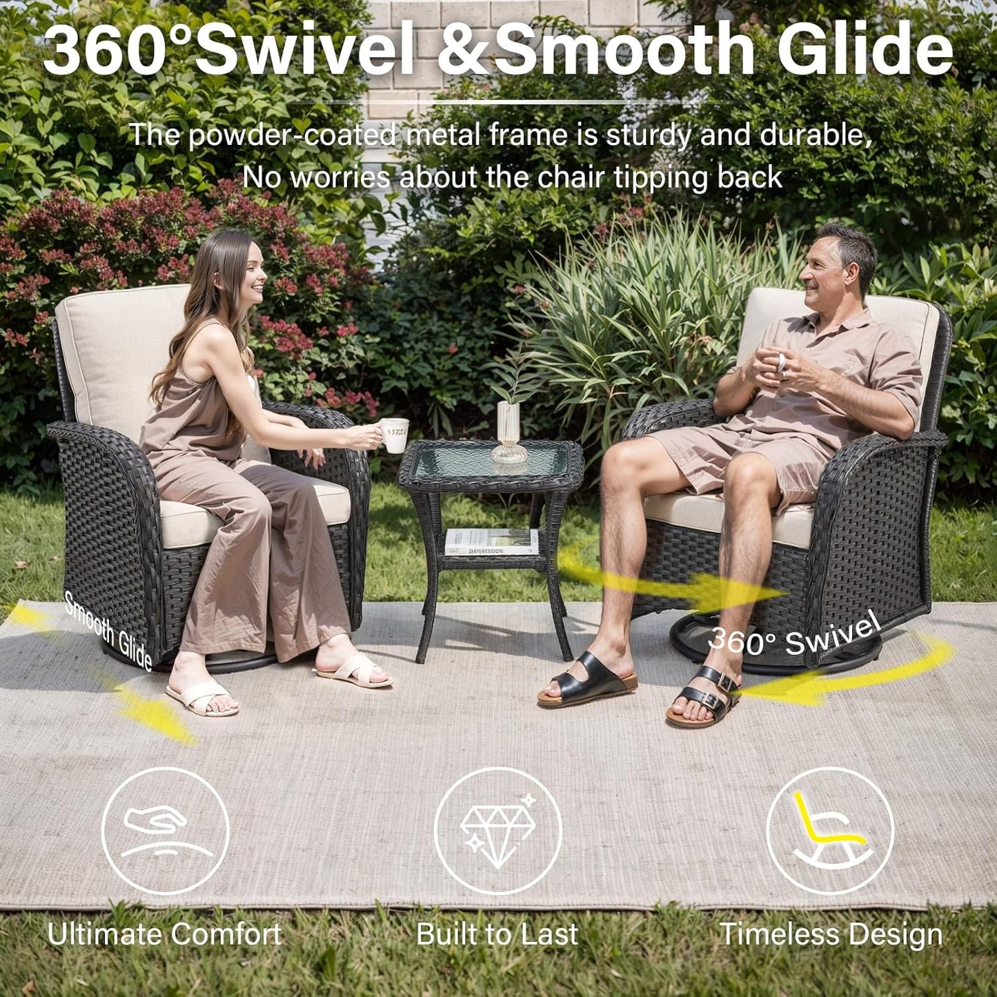 5 Pieces Wicker Patio Furniture Set - Swivel Rocker Outdoor Chairs with Ottomans and Side Table, Small Patio Conversation Set for Deck Porch Backyard Black