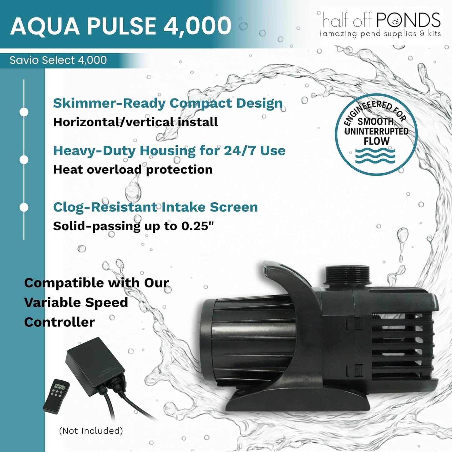 HALF OFF PONDS Savio Select 4,000 GPH Submersible Pump Pond Kit with 15' x 15' EPDM Rubber Pond Liner for Water Garden & Koi Pond