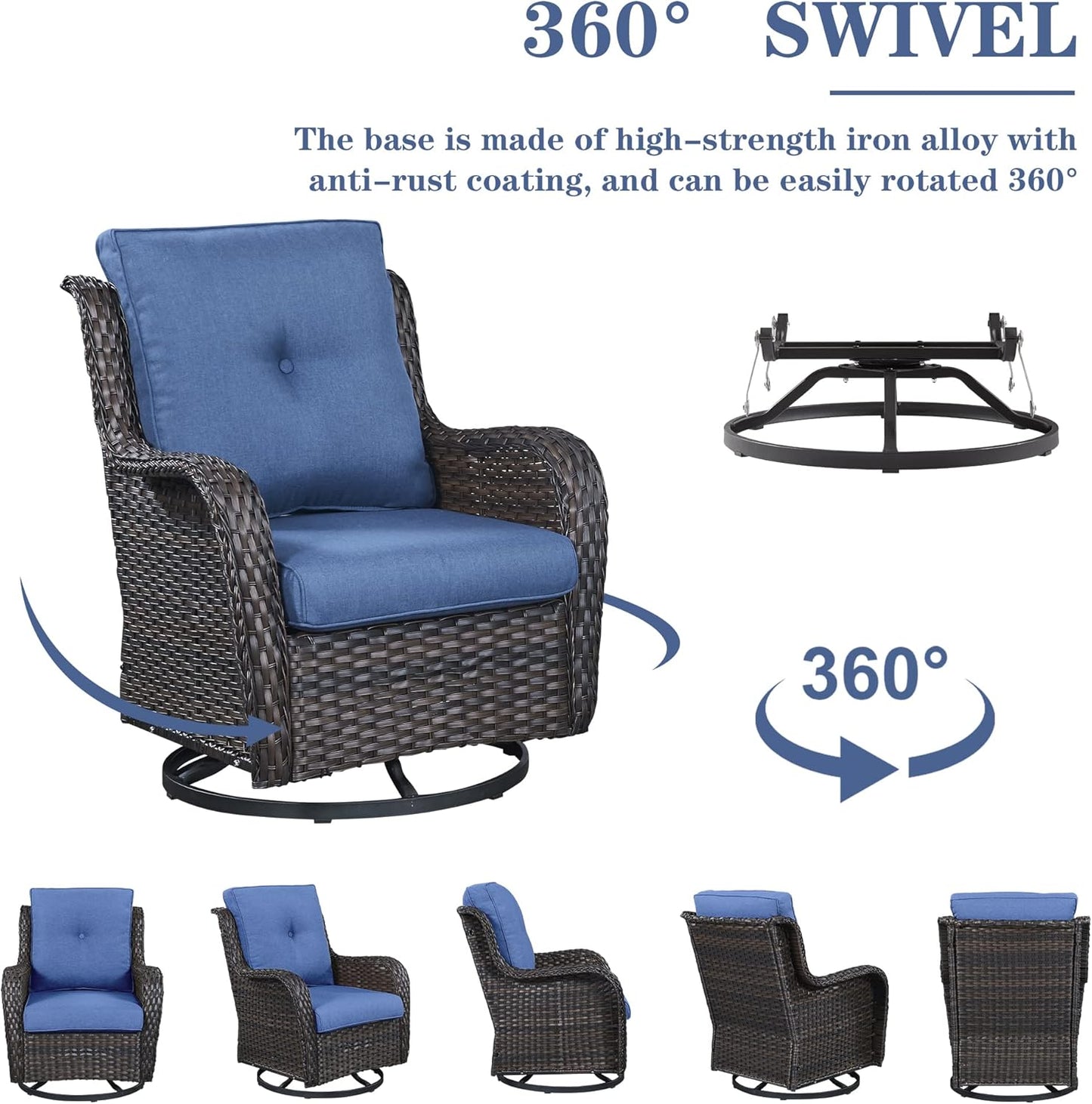 Outdoor Patio Furniture Set with 50000BTU Propane Fire Pit Table, 7 Pieces Wicker Patio Conversation Set with 2 Swivel Glider Rocker Chairs Rattan Sofa Blue Cushion Perfect for Casual Gathering