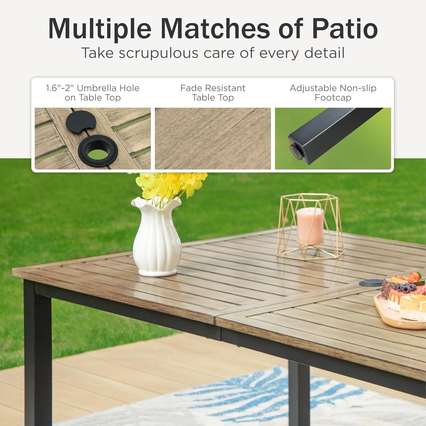 PHI VILLA Patio Dining Table and Chairs, 6 Swivel Dining Chairs with Armrest, Brown Metal Slat Table Top with 1.6" Umbrella Hole, Rustproof E-Coating for All Weather