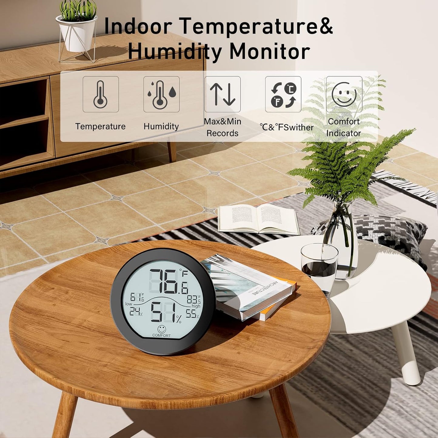 SECRUI Hygrometer Thermometer for Room Temperature Humidity Meter Indoor Thermometer Accuracy Calibration LCD Temperature Sensor with Maximum and Minimum Records, TH1,Black