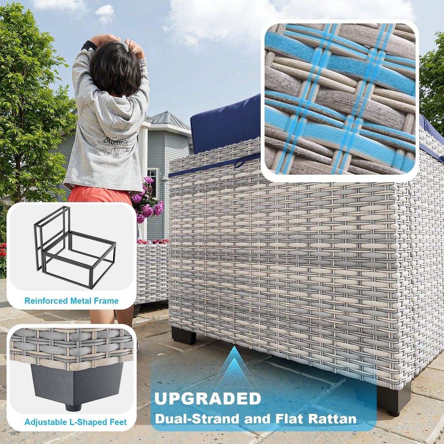 14-Piece Patio Furniture Set, Outdoor Sectional with Thick Cushions, Modular Patio Sofa, Dual-Strand Wicker Rattan, Rust-Resistant Frame, Backyard Furniture for Garden, Deck, Navy Blue