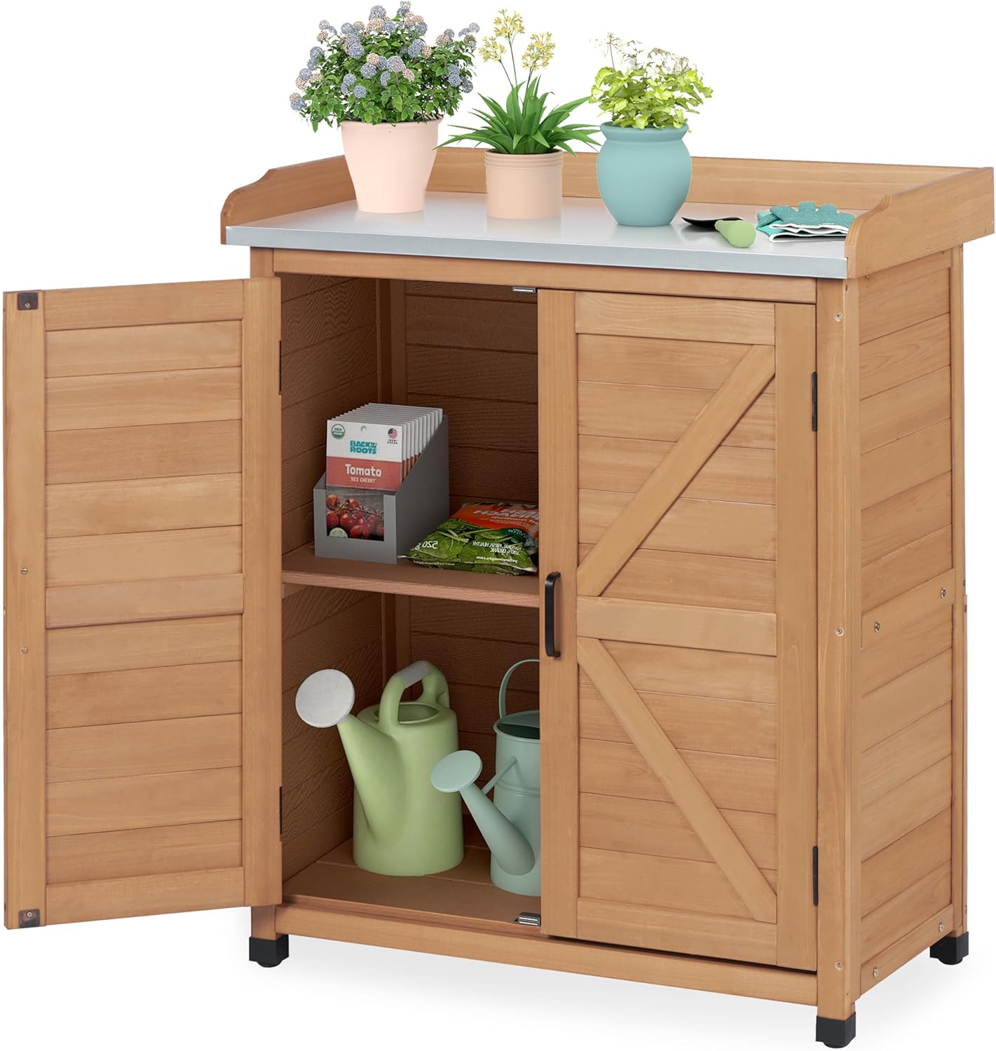 Outdoor Storage Cabinet & Potting Bench Table with Metal Top, Wooden Patio Furniture, Garden Workstation (Light Brwon, 39x31.5x17in)
