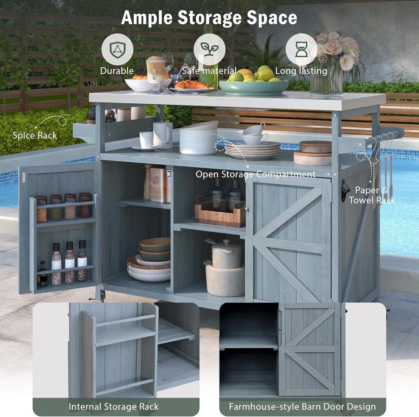 50.25" W Grill Cart with Stainless Steel Tabletop - Outdoor Storage Cabinet for BBQ, Bar Patio Kitchen Island with Ample Storage and Lockable Wheels