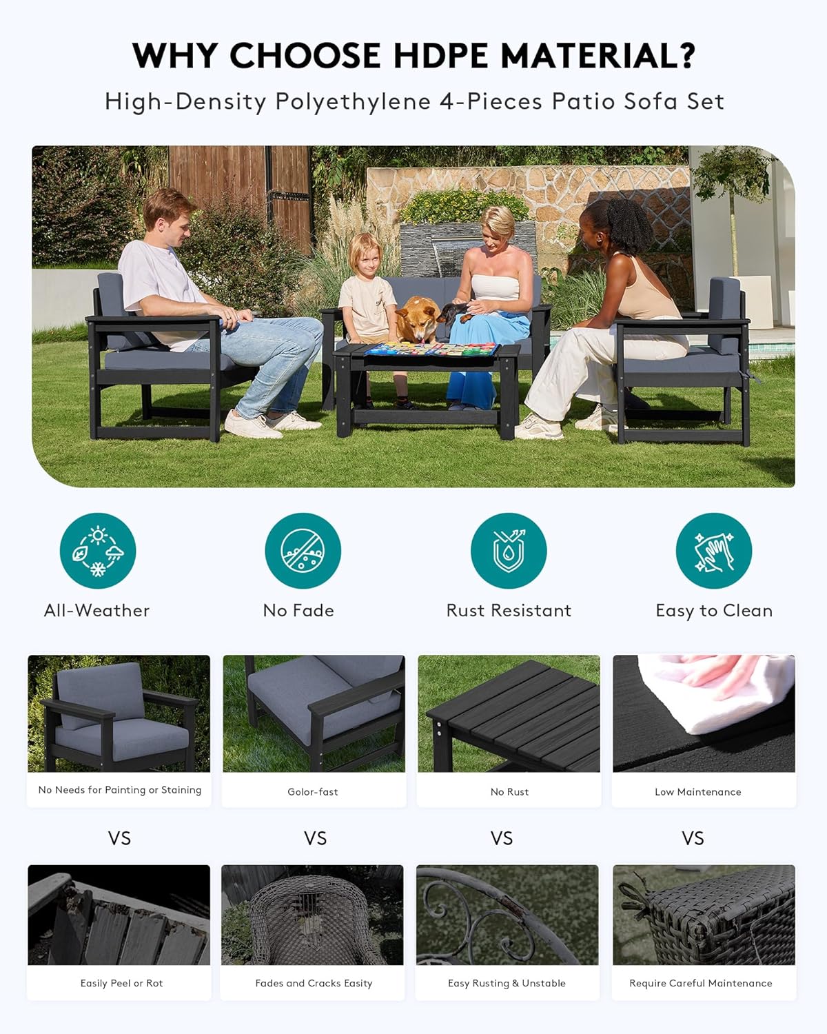 SERWALL 8 Pieces HDPE Outdoor Conversation Sofa Set with Cushion, All Weather Couch Loveseat Furniture Set with Pads, Outdoor Social Sofa Coffee Table Set, Black Frame with Grey Cushions