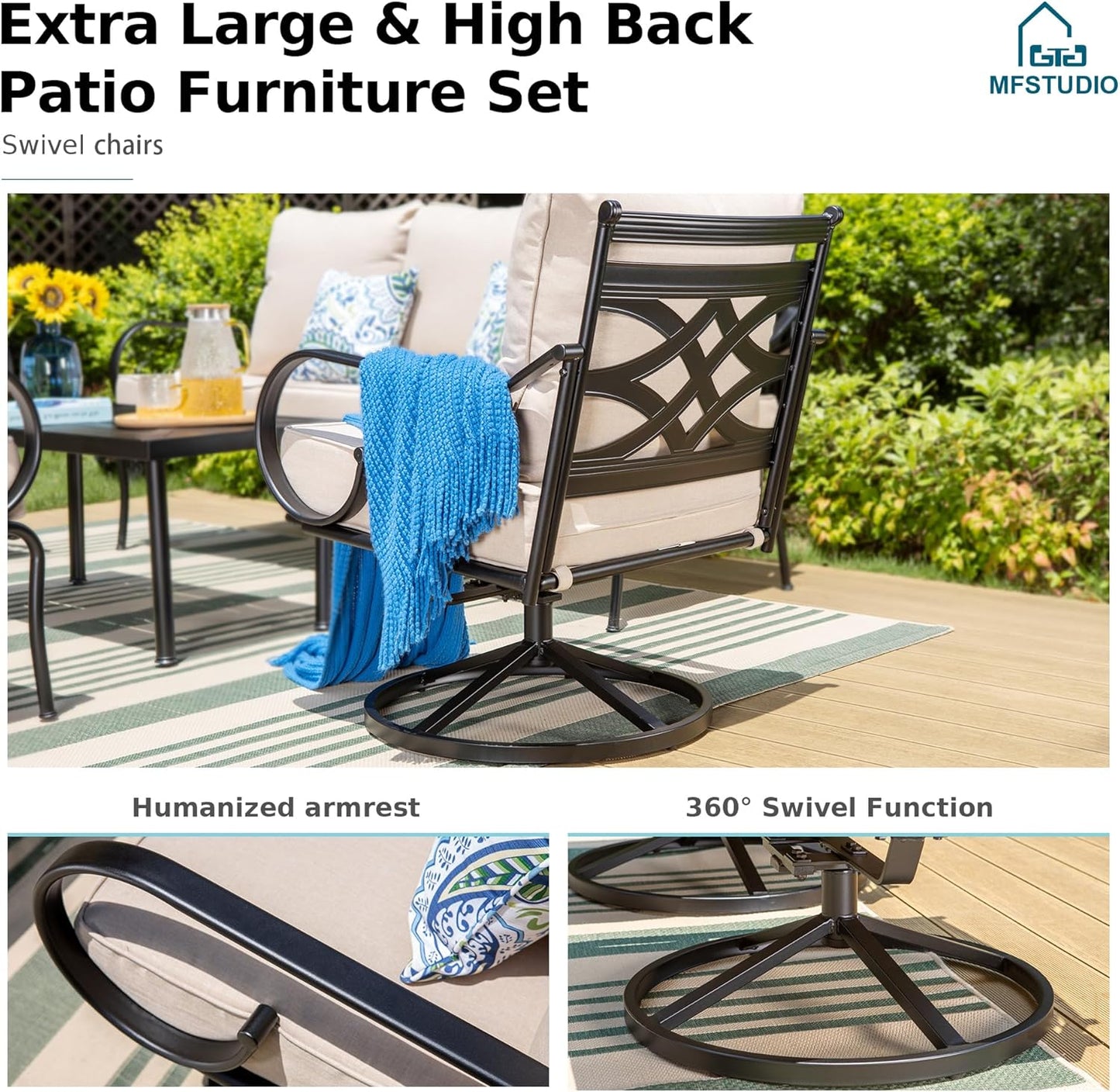 MFSTUDIO 7 Seats Large Metal Patio Conversation Sets, 6 Pieces Outdoor Furniture Sofa with 4 Swivel Chairs, 1 Sofa(3-seat) and Table for Outside Balcony Backyard Poolside