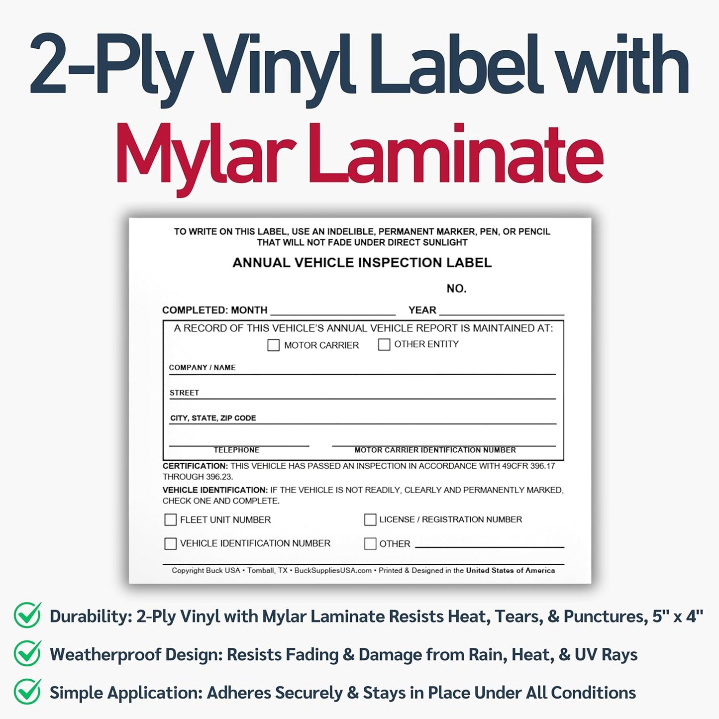 100 Pack Buck Annual Vehicle Inspection Label, 2-Ply Adhesive Vinyl with Mylar Laminate, FMCSA & DOT Compliant, Weatherproof, Tear Resistant, Easy to Write On, 5" x 4" - Made in USA