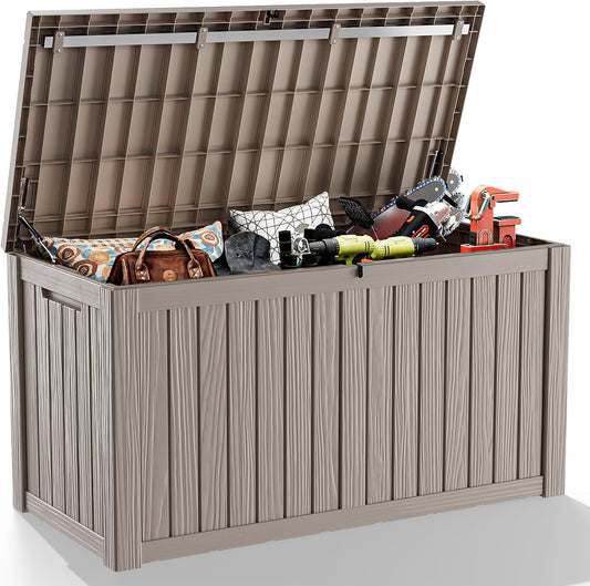 150 Gallon Resin Outdoor Deck Box Waterproof Patio Furniture, Garden Tools, Cushions, Pool Accessories Outside Storage Box (150 Gallon,Grey)