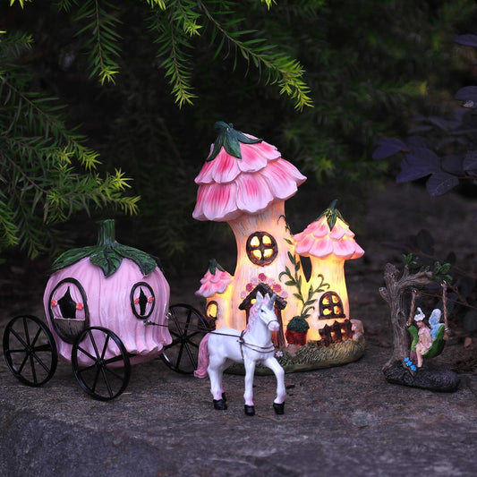 LA Jolie Muse Resin Fairy Garden - Miniature Floral Roof Cottage with Solar LED Lights, Fairy House Figurine Set of 3 with Carriage, Outdoor Decor for Patio Yard Lawn, Gifts for Mom
