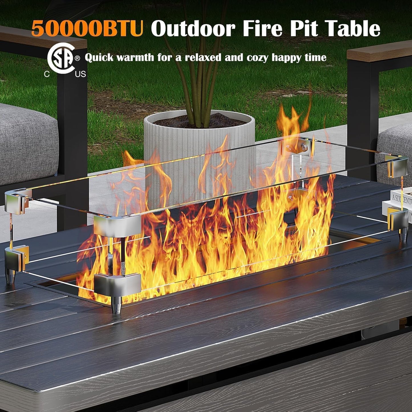 Sundale Outdoor 7 Pieces Metal Patio Furniture Set with Fire Pit Table, Outdoor Sectional Sofa w/6 Inch Olefin Cushion, Modern Outdoor Conversation Sets