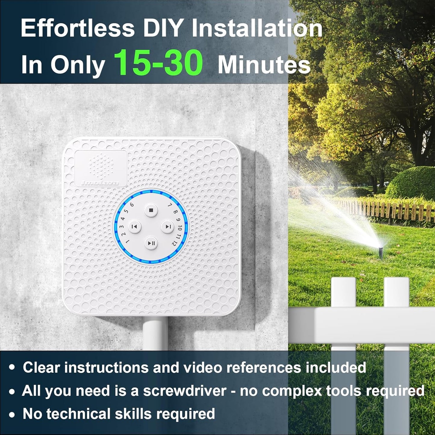 ImoLaza Smart Sprinkler Controller Evapotranspiration Master: 12 Zones WiFi Irrigation Controller with Automated Watering and App Control, Save Water Through Rain, Freeze, Wind and Saturation Skip