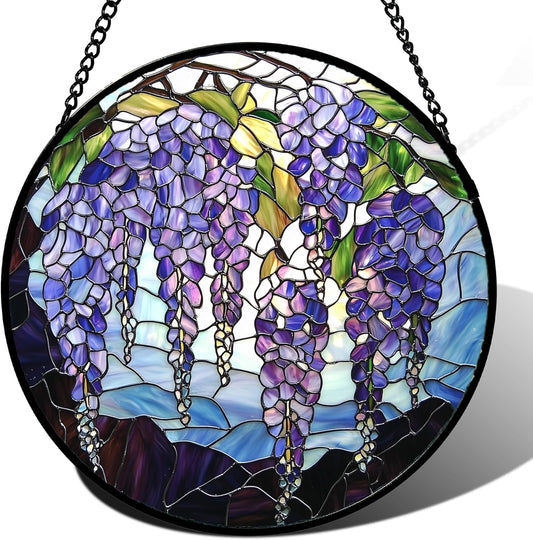 Stained Glass Window Hanging, Purple Wisteria Flowers Suncatcher for Doors Window Home Plant Sun Catchers Decoration Mother's Day Birthday Gifts for Women, Men, and Mom 15x15 in