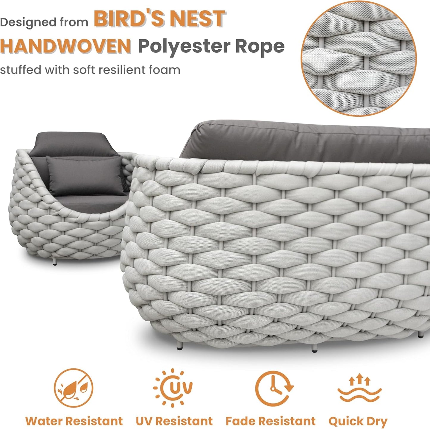 6 Pieces Rope Patio Furniture Set: Aluminum Outdoor Couch Set Cushioned - Assembled Conversation Sofa Set Modern - Metal Porch Seating for 7 Person - All Weather for Deck Garden Poolside Hotel