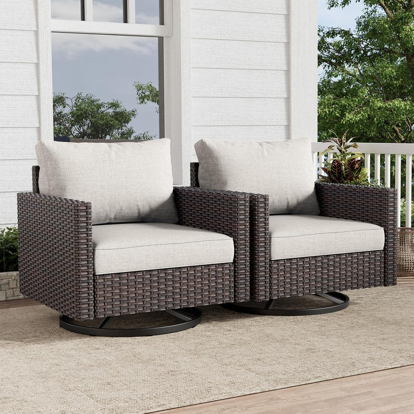 HUMMUH Outdoor Swivel Chairs Set of 2,PE Wicker Patio Furniture Rocker Glider Chairs for Porch Balcony Deck Garden