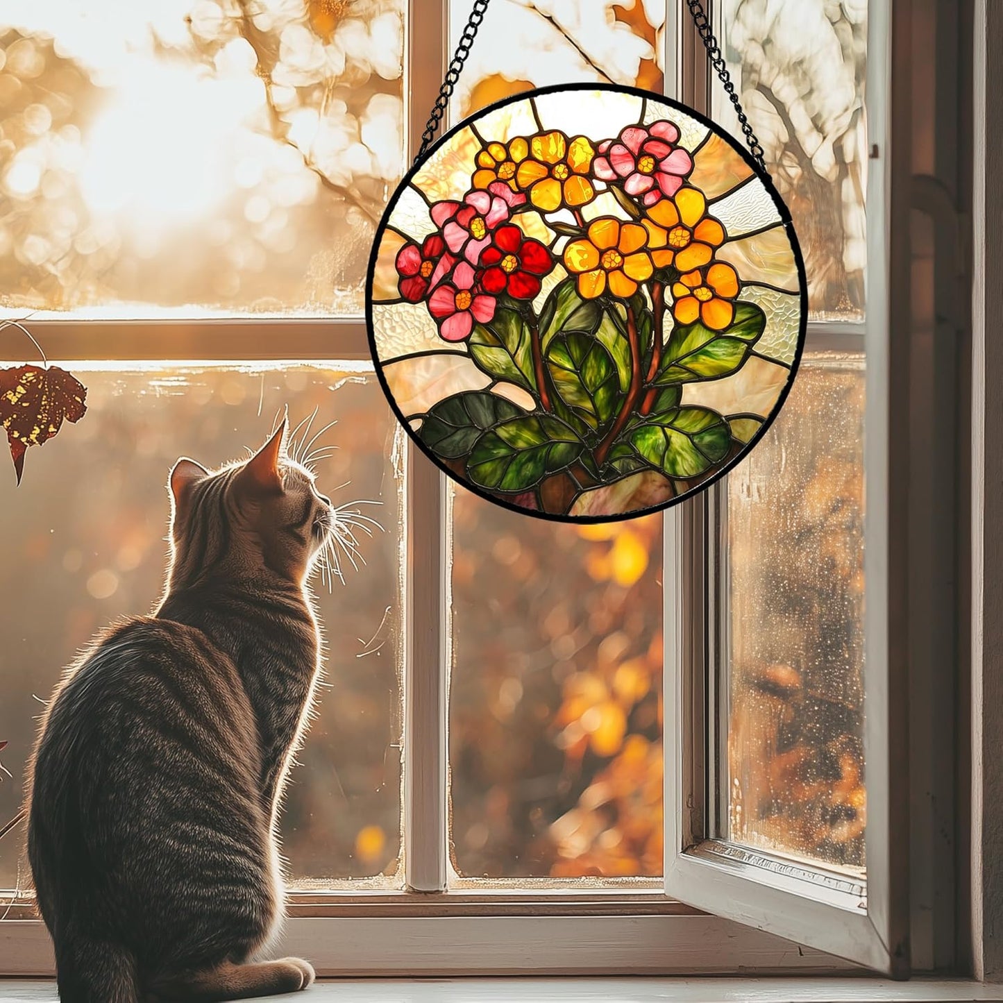 Stained Glass Window Hanging, Yellow Red Flowers Sun Catcher for Window Door Home Decor Green Plant Suncatcher Christmas Mother's Day Birthday Gifts for Women Men Mom and Nana 9.8 in