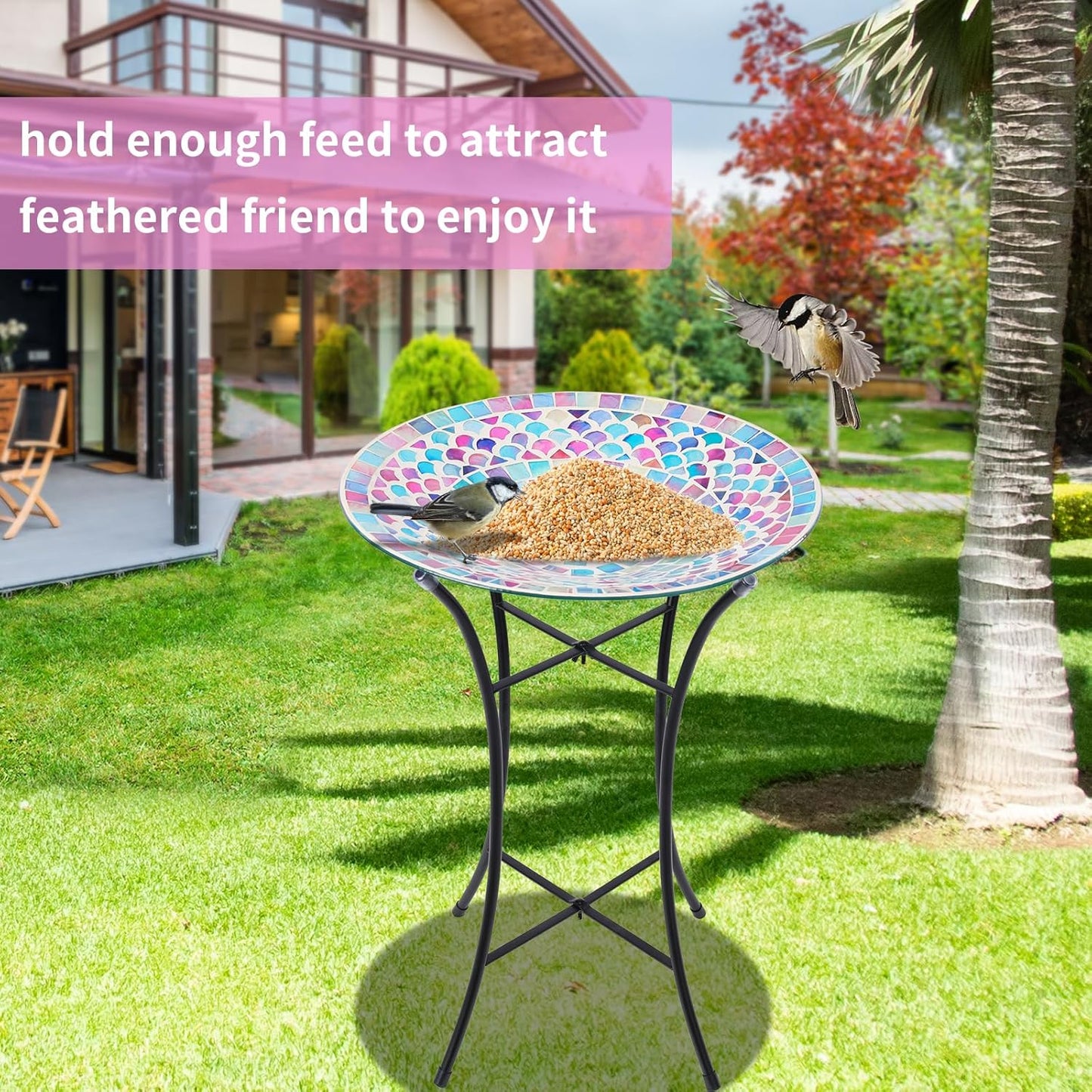 MUMTOP Mosaic Glass Bird Baths, 14 Inch Width Outdoor Garden Bird Bath Bowl with Metal Stand, Unique Glass Birdbaths Bird Feeder for Yard Decor, 19.68 Inch Height