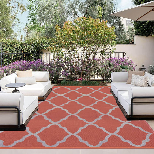 OutdoorLines Outdoor Plastic Area Rug for Patio 5x8 ft - Reversible Outside Carpet, Stain & UV Resistant RV Mats, Straw Rug for Camping, Deck Garden, Porch and Balcony, Moroccan/Orange & Light Grey