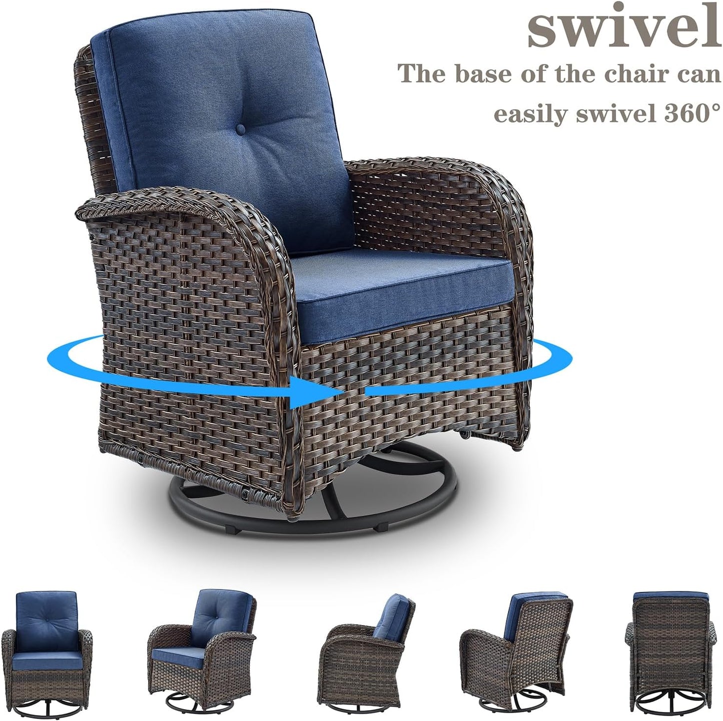 6 Piece Patio Conversation Sets - Wicker Patio Furniture Sets with Outdoor Swivel Rocker Chairs, Glider Loveseat Perfect for Patio Deck Backyard, Brown Wicker Blue Cushion