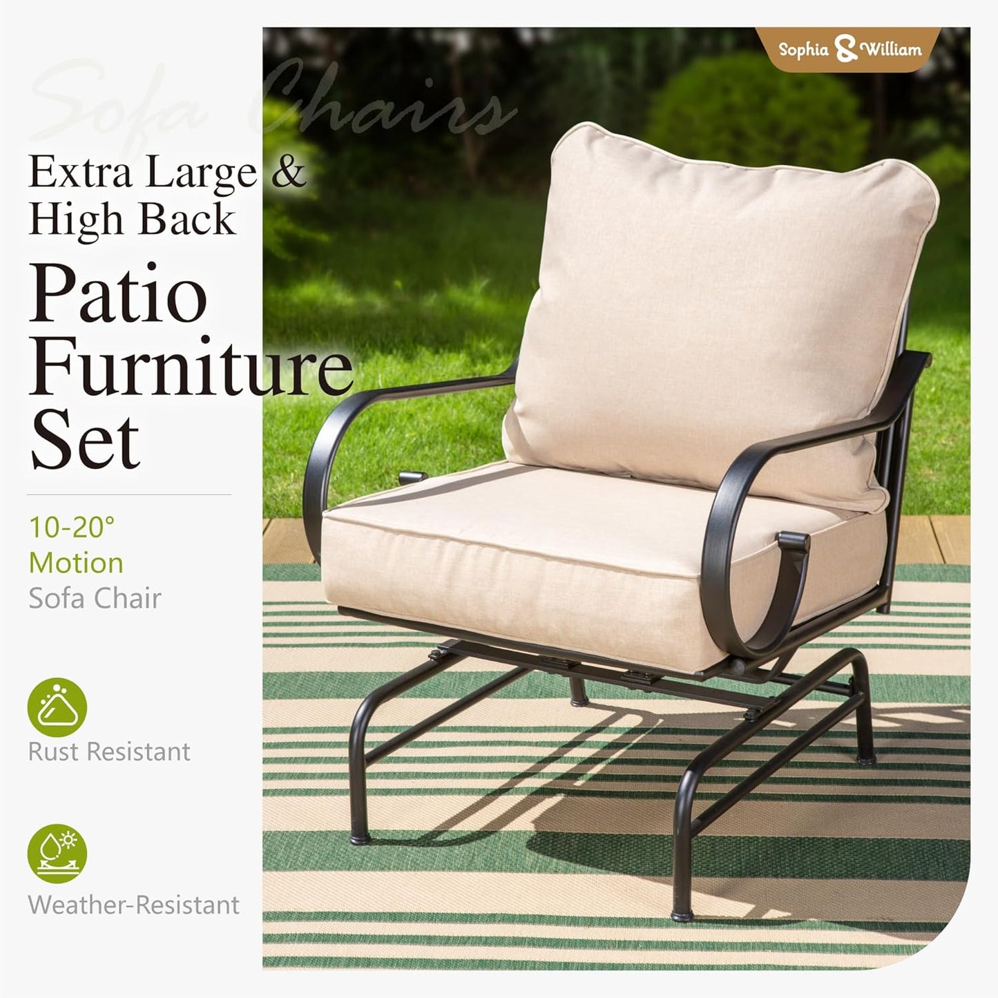 Sophia & William 6 Piece Patio Furniture Set, Outdoor Conversation Sets 7 Seat Clearance with 3-seat Sofa x 1, Rocking Chair x 4, Metal Coffee Table x 1 for Front Porch Lawn, Beige