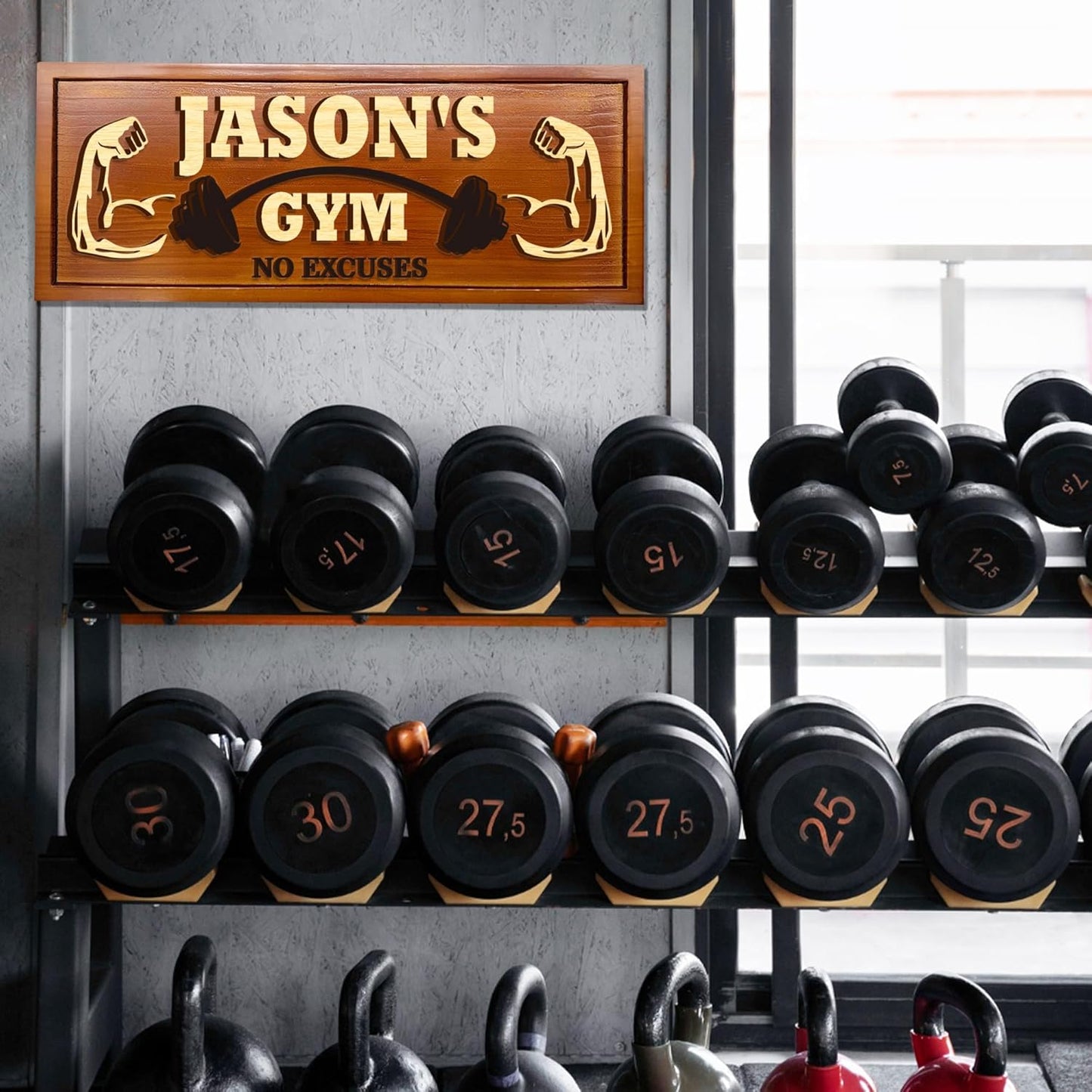 Personalized Wooden Gym Sign Custom Engraved Name Plaque Rustic Wall Decor for Home Gym Fitness Studio with Multiple Sizes and Colors